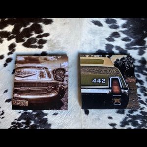 Pair of car art photos.